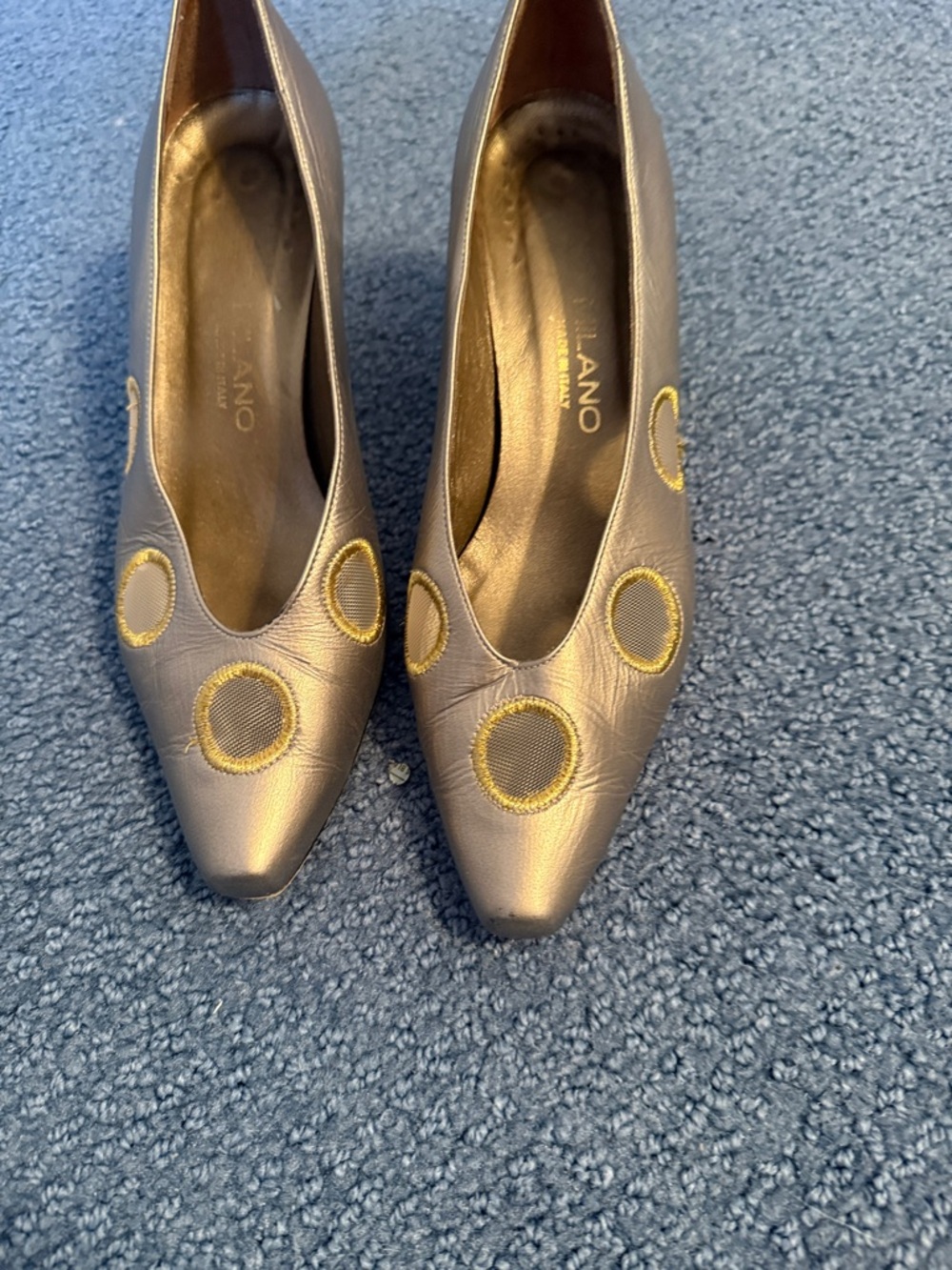 Milano Metallic Bronze Pointed Toe Pumps with Gold Embroidered Circles